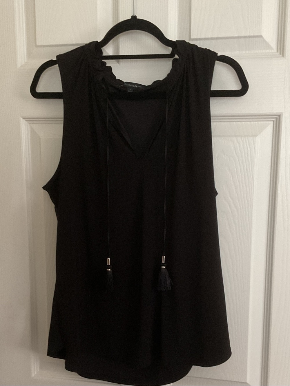 White House Black Market Black Sleeveless V-Neck Tassel-Tie Top